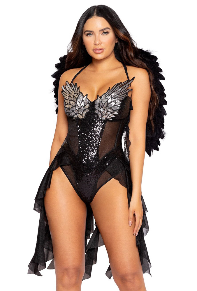 Black womens sheer sequins angel romper costume