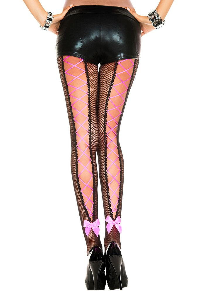 Black and pink corset fishnet pantyhose