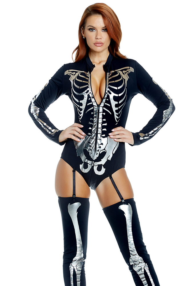 Black and silver ladies skeleton romper costume