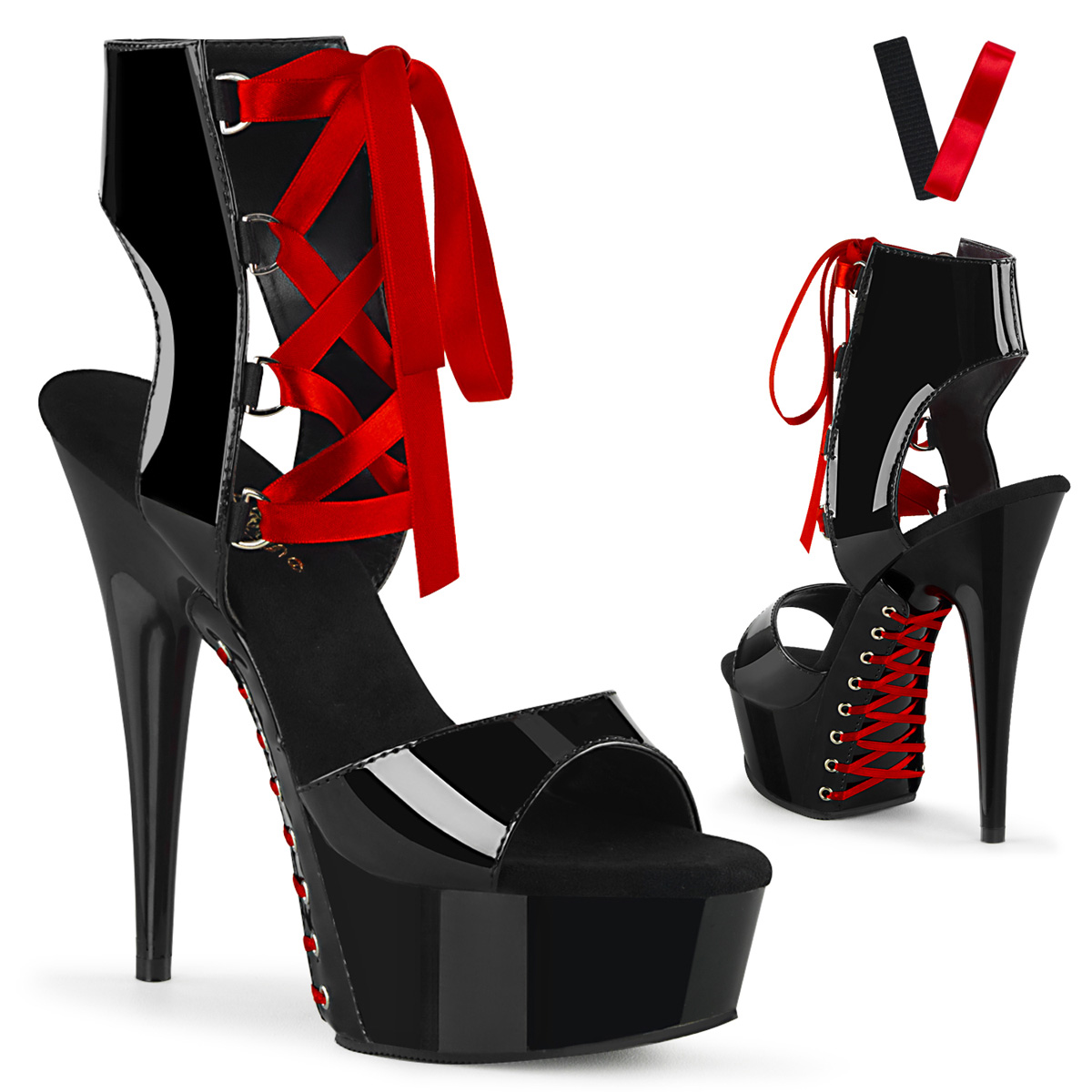 Black red 6" lace up corset platform sandals